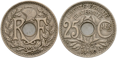 Франция 25 сантимов 1930 KM 867a медно-никель 4187-953