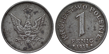 Польша 1 фениг 1918 FF, германская оккупация, регенство Y 4, Parchimowicz 4b железо 4118-1022