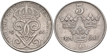 Швеция 5 эре 1944 Густав V (1907-1950) KM 812 железо 4557-715