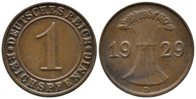 ГЕРМАНИЯ 1 РЕЙХСПФЕННИГ 1929 D KM 37, J. 313 бронза 39-1021