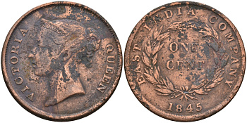 Стрейтс-Сетлментс 1 цент 1845 Виктория (1837-1901), Ост-Индская компания KM 3 медь 4590-222