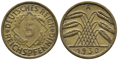 ГЕРМАНИЯ 5 РЕЙХСПФЕННИГОВ 1930 A KM 39, J. 316 алюминиевая бронза 39-565