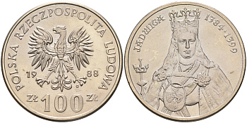 Польша 100 злотых 1988 MW, серия Польские правители, королева Ядвига (1384-1399) KM 183 медно-никель  UNC  4149-235