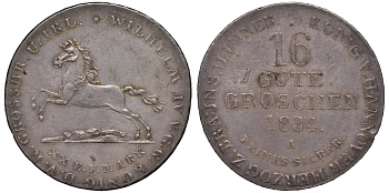 Брауншвейг-Каленберг-Ганновер 16 гутергрошенов 1834 A, Вильгельм IV (1830-1837) J. 33, AKS 66, Kahnt 212 серебро    11-119-16