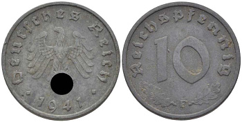 ГЕРМАНИЯ 10 РЕЙХСПФЕННИГОВ 1941 D KM 101, J. 371 цинк 4401-743