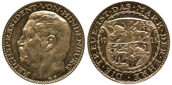 Германия медаль 1928 Гинденбург, вес 6,54 гр., медальер Карл Гетц Kienast-416 золото PROOF 00-000-00