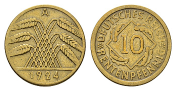 Германия 10 рентенпфеннигов 1924 A KM 33, J. 309 алюминиевая бронза 4636-413