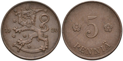 Финляндия 5 пенни 1920 KM 22 медь 96-323