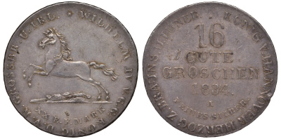 Брауншвейг-Каленберг-Ганновер 16 гутергрошенов 1834 A, Вильгельм IV (1830-1837) J. 33, AKS 66, Kahnt 212 серебро    11-119-16