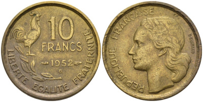 Франция 10 франков 1952 B, петух KM 915.2, Le Franc 363.5 алюминиевая бронза 4142-1243