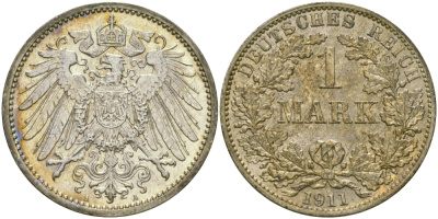 Германия 1 марка 1911 A Weege 18, J. 17, KM 14 серебро aUNC 65-235