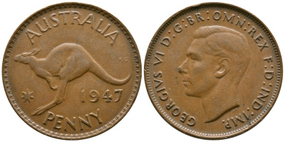 АВСТРАЛИЯ 1 ПЕННИ 1947 m, ГЕОРГ VI (1936-1952), КЕНГУРУ KM 36 бронза 74-213