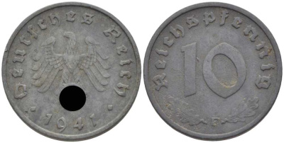 ГЕРМАНИЯ 10 РЕЙХСПФЕННИГОВ 1941 D KM 101, J. 371 цинк 4401-743