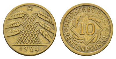 Германия 10 рентенпфеннигов 1924 A KM 33, J. 309 алюминиевая бронза 4636-413