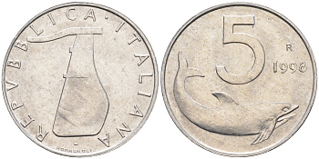 Италия 5 лир 1998 R, дельфин KM 92 алюминий  UNC  4594-935