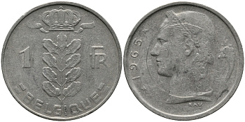 БЕЛЬГИЯ 1 ФРАНК 1965 BELGIQUE KM 142.1 медно-никель 98-615