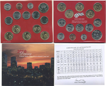 США полный годовой набор из 14 монет (1, 5, 10 (дайм) и 25 (квотер) центов; 1/2 (50 центов) и 1 доллар) 2010 D, в оригинальной упаковке с сертификатами KM 468, 381, 195a, A202b, 469, 470, 471, 472, 473, 474, 475, 476, 477 и 478 UNC 8-2-06-39