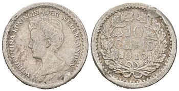 Нидерланды 10 центов 1915 Вильгельмина I (1890-1948) KM 145 серебро 4151-163