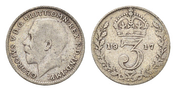Великобритания 3 пенса 1917 Георг V (1910-1936) KM 813, Spink 4015 серебро 4643-1138