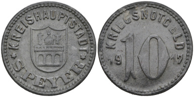 ШПЕЕР 10 ПФЕННИГОВ 1919 КРИГСНОТГЕЛЬД, ЗЕМЛЯ ПФАЛЬЦ цинк 75-1612