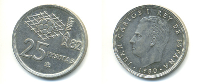 Испания 25 песет 1980 (82) чемпионат мира по футболу KM 818 медно-никель 89-1437