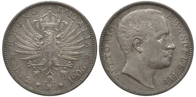 Италия 2 лиры 1906 R, Виктор Эммануил III (1900-1948), Савойский орел (символ Рима), KM 33 серебро 00-821-42