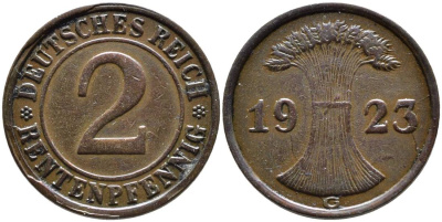 ГЕРМАНИЯ 2 РЕНТЕНПФЕННИГА 1923 G, ВЕЙМАРСКАЯ РЕСПУБЛИКА (1919-1933) KM 31, Jager 307, Weege 3 бронза 4546-755