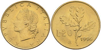 Италия 20 лир 1996 R, дубовый лист KM 97.2 алюминиевая бронза  UNC  4594-1043