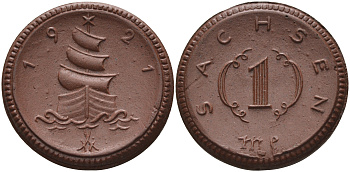 Саксония 1 марка 1921 парусник J. N 55 фарфор 1094-4-52