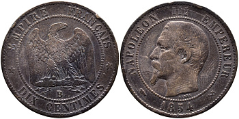 ФРАНЦИЯ 10 САНТИМОВ 1854 B, НАПОЛЕОН III (1852-1870) KM 771.2 бронза 4389-1014
