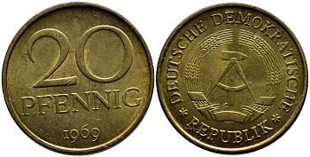 ГДР 20 пфеннигов 1969 А, первый год KM 11 латунь UNC 4398-1117