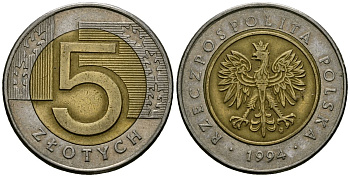 Польша 5 злотых 1994 MW KM 284 биметалл 4138-455