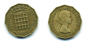 Великобритания 3 пенса 1955 Елизавета II (1952-2022) KM 900, Spink 4153 никель латунь 4383-313