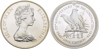 Остров Мэн 1 крона 1978 25 лет коронации королевы Елизаветы II, соколы KM 43a серебро UNC 01-173-45