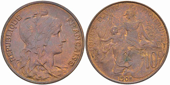 ФРАНЦИЯ 10 САНТИМОВ 1908 ТИП ДАНИЭЛЬ ДЮПЮИ KM 843, LA FRANC 136.18 бронза 109-235
