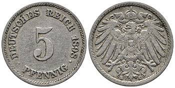 ГЕРМАНИЯ 5 ПФЕННИГОВ 1898 E KM 11, J. 12 медно-никель 39-728