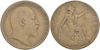 Великобритания 1 пенни 1910 Эдуард VII (1901-1910) KM 794.2, Spink 3990 бронза 215-245