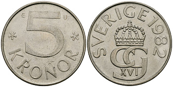 Швеция 5 крон 1982 Карл XVI Густав (1973- ) KM 853 медно-никель 4171-1157