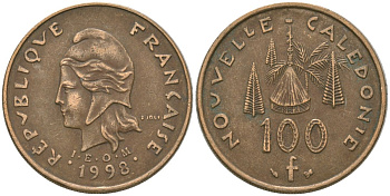 Французская Новая Каледония 100 франков 1998 хижина среди сосен и пальм, (IEOM) KM 15, Schoen 16, Lec 139b никель латунь 4140-1124