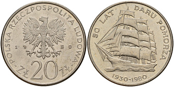 Польша 20 злотых 1980 MW, 50 лет фрегату «Дары Поморца» KM 112, Parchimowicz 253 медно-никель 4157-1014