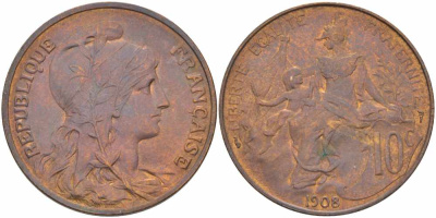 ФРАНЦИЯ 10 САНТИМОВ 1908 ТИП ДАНИЭЛЬ ДЮПЮИ KM 843, LA FRANC 136.18 бронза 109-235