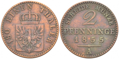 Пруссия 2 пфеннига 1855 А, Фридрих Вильгельм IV (1840-1861) KM 452, Jaeger 51, Olding 336, AKS 91 медь 77-752