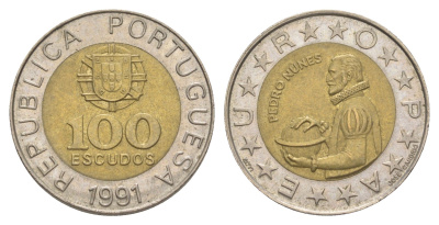 Португалия 100 эскудо 1991 Педру Нуниш (1502-1578), математик KM 645 биметалл 4390-134