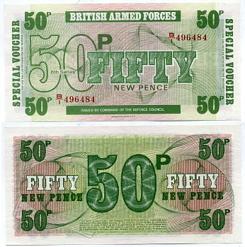 АНГЛИЯ 50 ПЕНСОВ 1972 ДЛЯ ВООРУЖЕННЫХ СИЛ, 6 СЕРИЯ, BRADBURY WILKJSON @ Co Pick М 46 бумага UNC (ПРЕСС) 6317-43-4