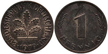 ФРГ 1 пфенниг 1979 J KM 105, J.380 сталь плакированная медью 99-343