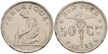 Бельгия 50 сантимов 1933 Belgique KM 87 никель 46-857