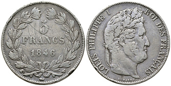 Франция 5 франков 1846 W, Луи Филипп I (1830-1848) LE FRANC 325.13, KM 749.13 серебро 4386-411