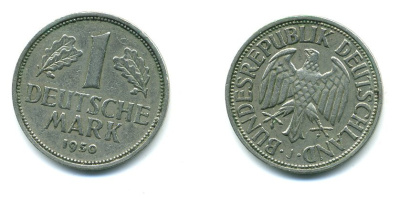 ФРГ 1 марка 1950 J, KM 110, J. 385 медно-никель 46-1833