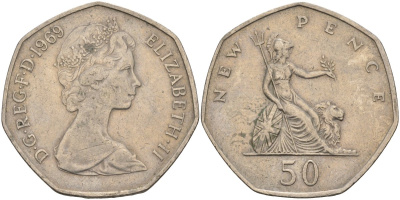 Великобритания 50 пенсов 1969 Елизавета II (1952-2022) KM 913, Spink 4223 (H1) медно-никель 4583-1236
