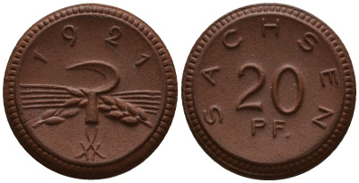 Саксония 20 пфеннигов 1921 колосья и серп J. N 53 фарфор UNC 1094-8-11